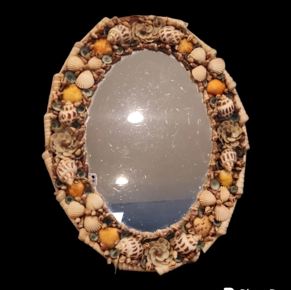 1970s handmade seashell oval mirror coastal beach